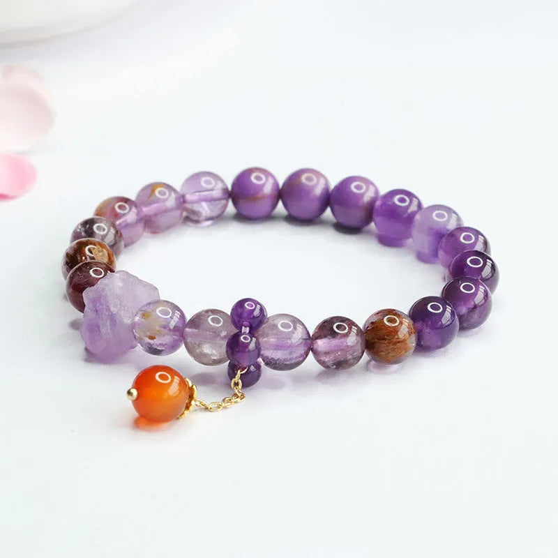 Natural purple amethyst crystal bracelet with red agate stones and adjustable Mori style design