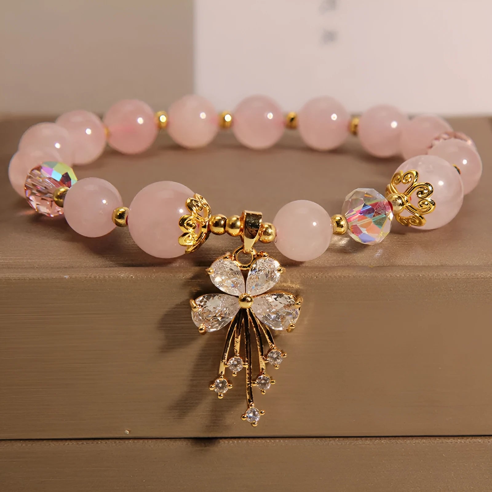 Amethyst crystal beaded bracelet with butterfly charms in mori normcore style