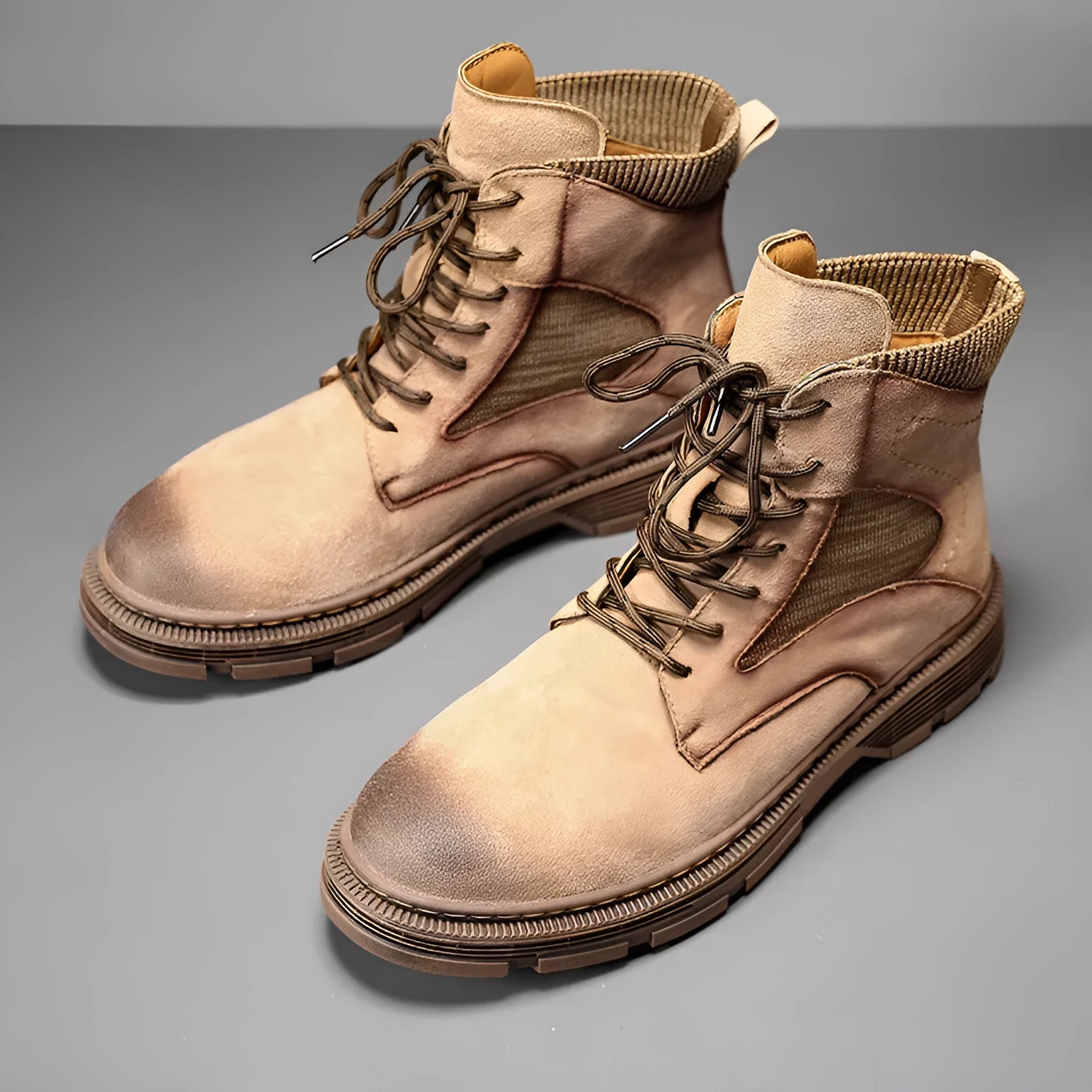 Men's ankle-high Martin boots in frosted sand leather with thick rubber sole and round toe.