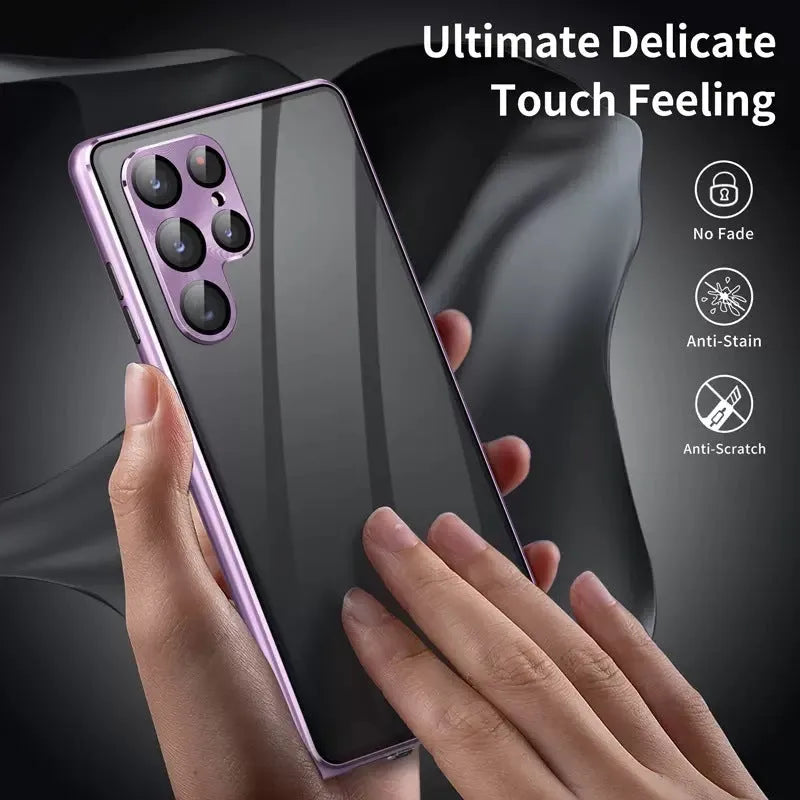 Metal magnetic phone case with a mirror for Samsung S24 Ultra in multiple colour options.