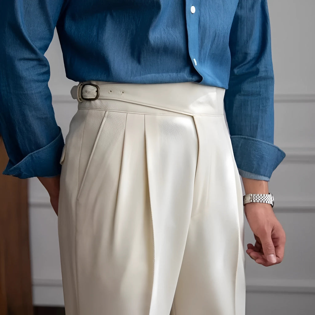 Men's high-waisted straight-leg casual trousers in polyester, shown in black, white, khaki, and coffee colours.