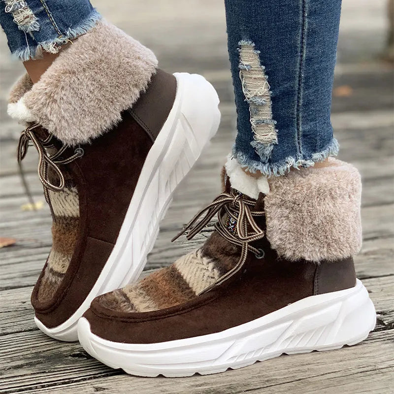 Women's beige lace-up snow boots with platform sole and thermal plush lining