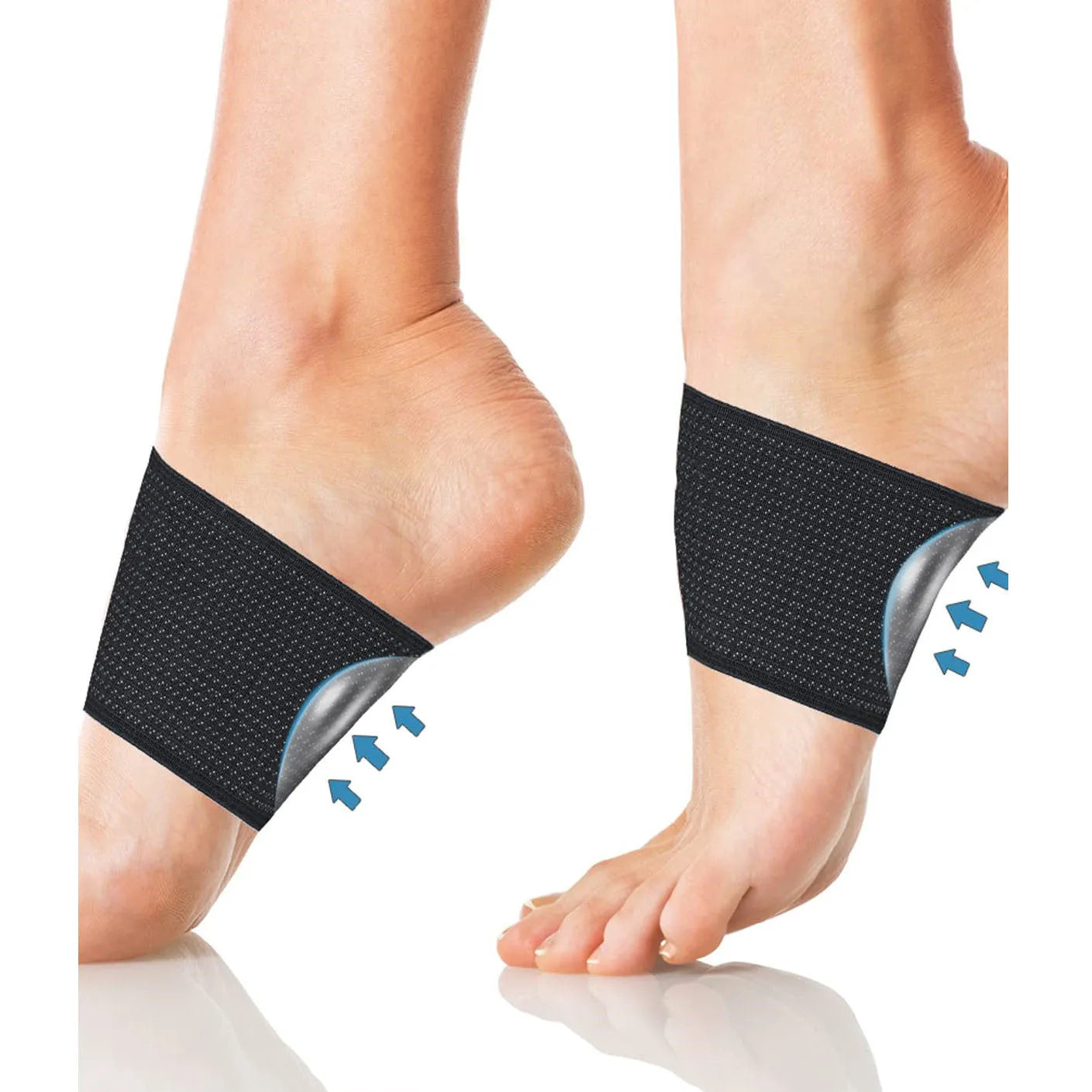Elastic foot support bandage with a heart-shaped pad for arch support, shown in two style options.