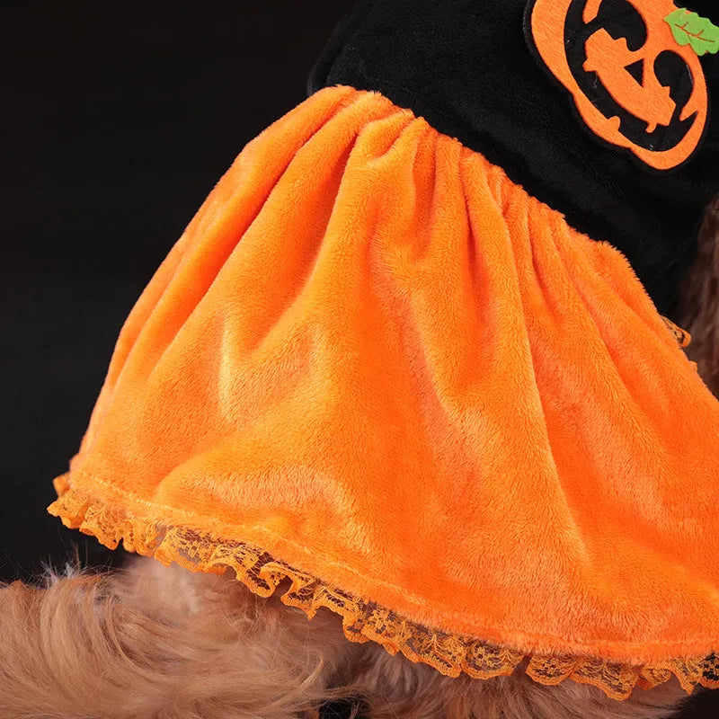 Crystal velvet Halloween pumpkin skirt costume for pet dog or cat in multiple sizes