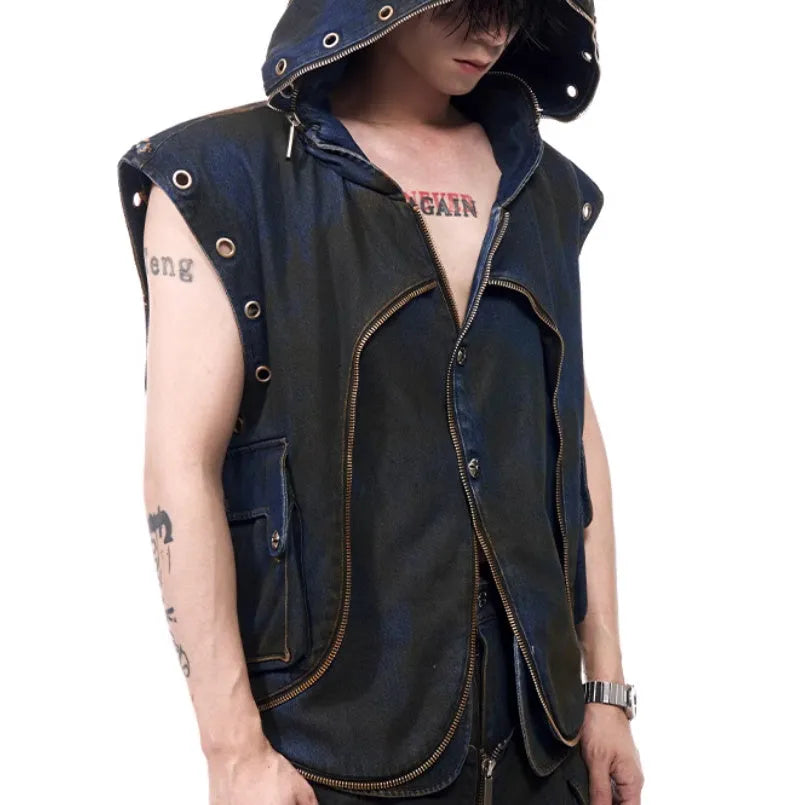 Blue denim-style hooded vest coat with matching trousers laid flat as a two-piece set.