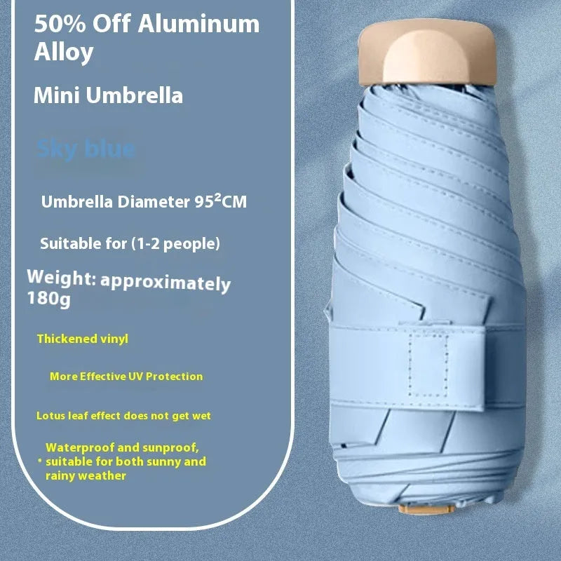 Five-fold compact umbrella with gradient vinyl sunshade canopy and six alloy bones in multiple colour options