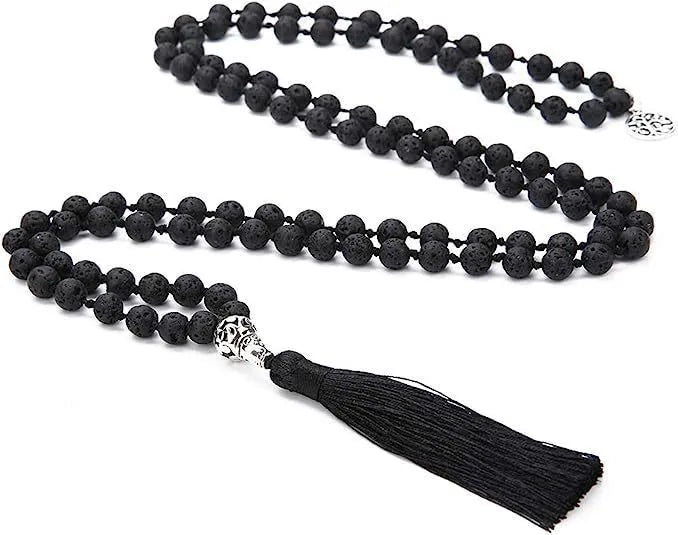 Handmade knotted stone bead necklace with 108 beads, showing geometric design and natural stone colours.