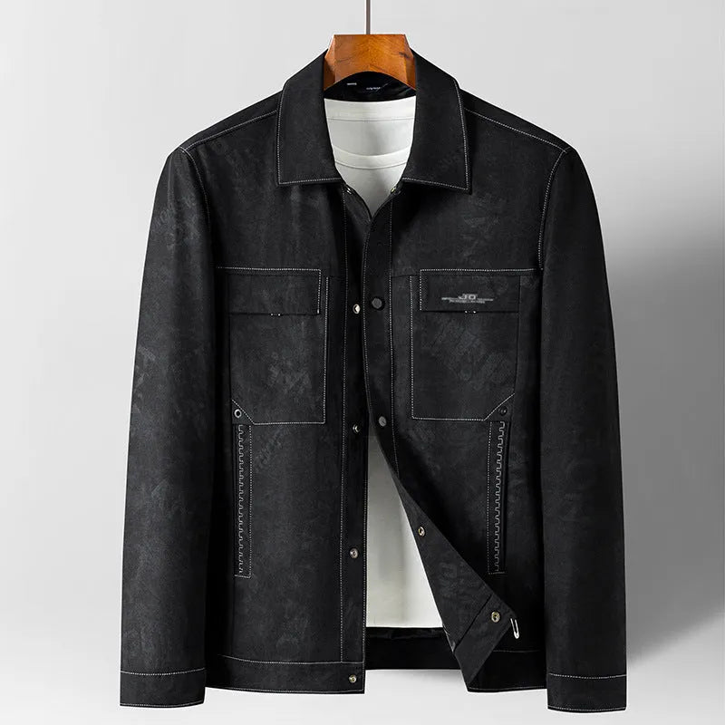 Men's slim fit multi-pocket denim jacket coat in gray, lapel collar, long sleeves