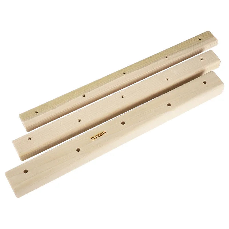 Set of three solid wooden grip training fingerboards in different sizes and thicknesses.