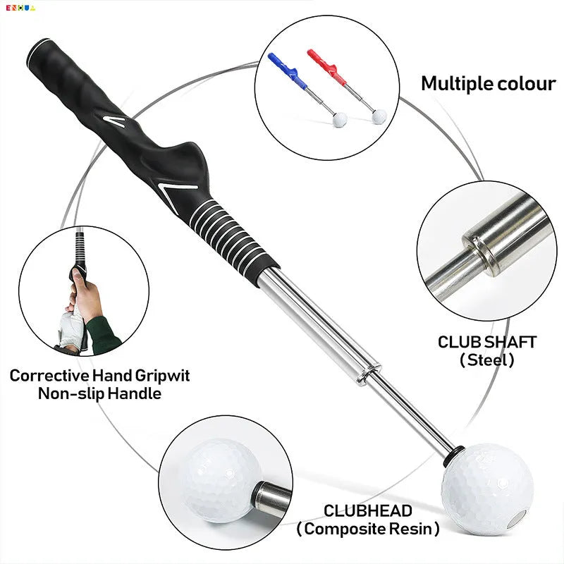 Telescopic stainless steel golf swing trainer simulator on a green background.