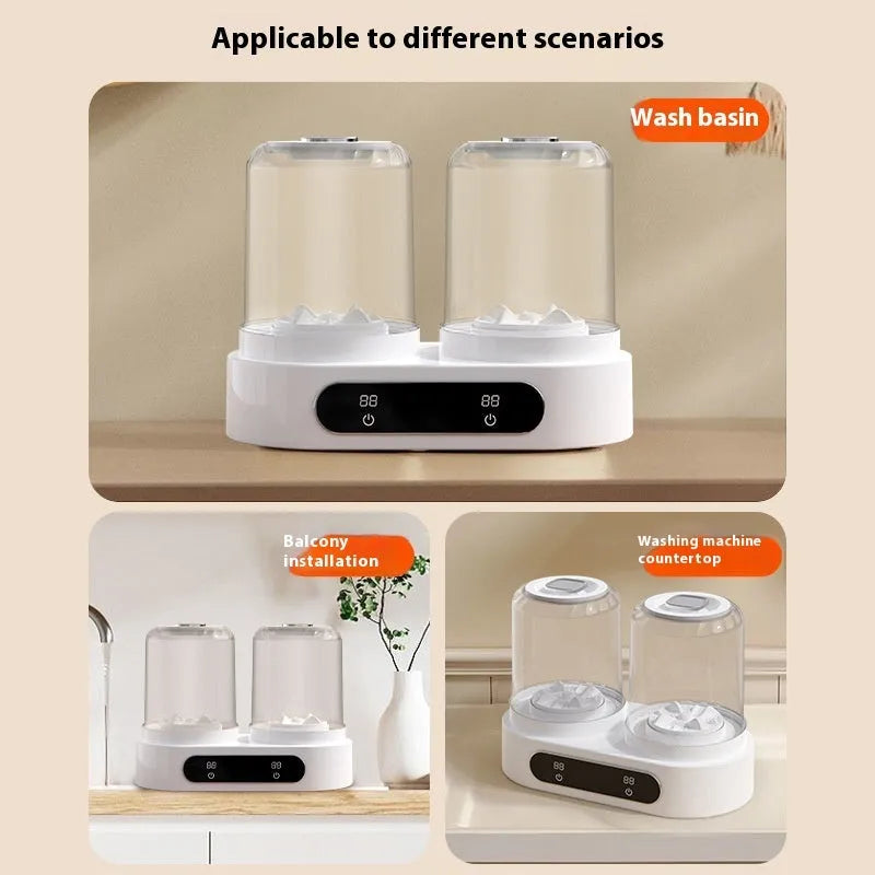 White double bucket mini USB washing machine with two lids on a countertop.
