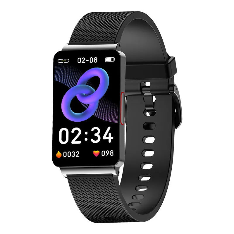 Black Blood Glucose EP08 smart fitness tracker bracelet on a wrist, showing its touch screen.
