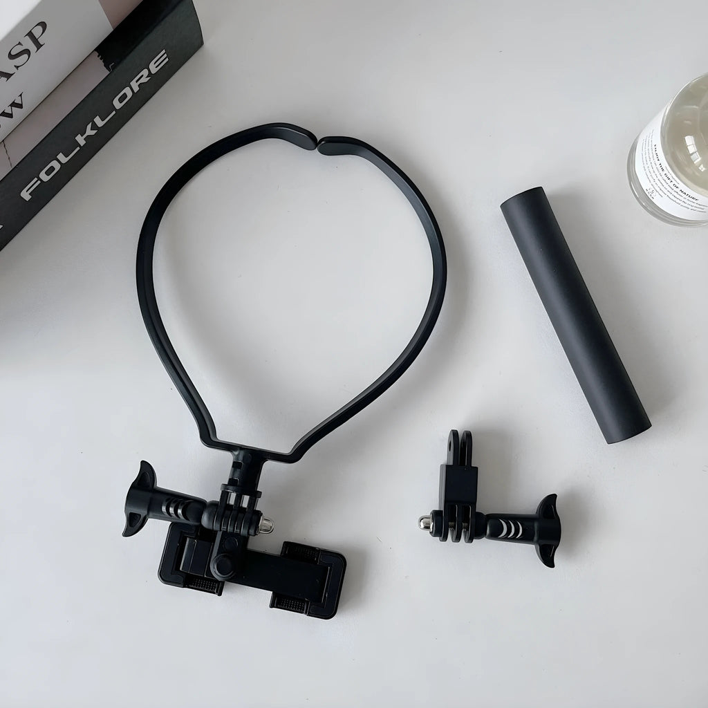Black plastic universal cell phone neck hanging bracket with horizontal and vertical rotating clip and extension piece