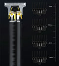 Black rechargeable electric hair clipper with USB charger, four combs, and cleaning brush.