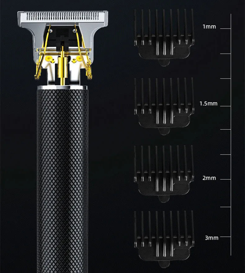 Black rechargeable electric hair clipper with USB charger, four combs, and cleaning brush.