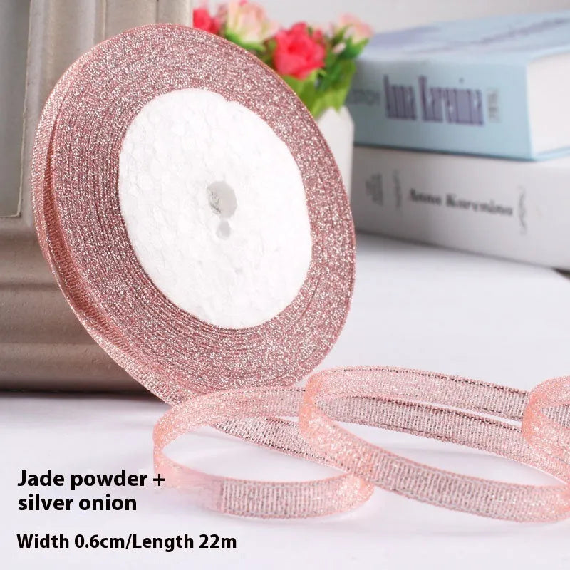 Roll of narrow 0.6cm wide polyester gift ribbon in a multicolour pattern.