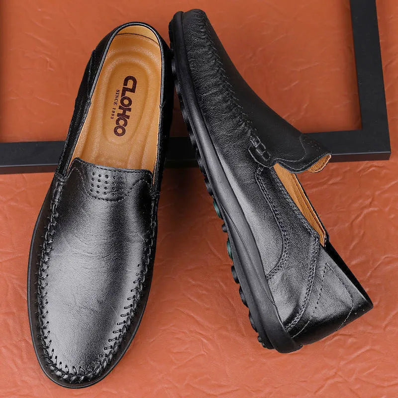 Men's cowhide leather shoes with round toe and flat heel in black, brown, and dark brown colour options