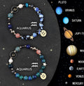Set of two natural stone beaded bracelets showing different zodiac sign styles.