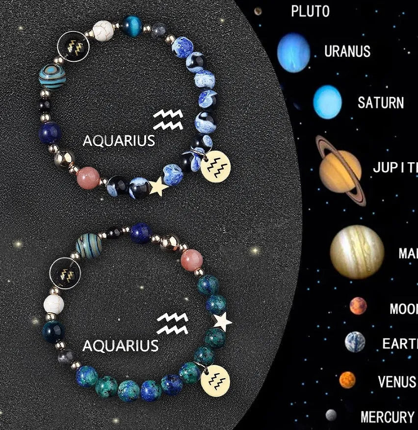 Set of two natural stone beaded bracelets showing different zodiac sign styles.