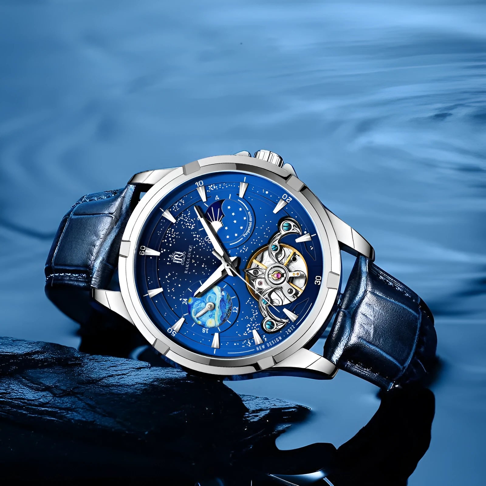 Blue dial men's automatic mechanical watch with stainless steel case on wrist