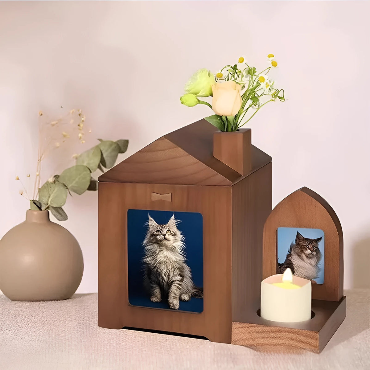 Solid wood pet urn cabin casket in brown or dark brown for pet ashes memorial