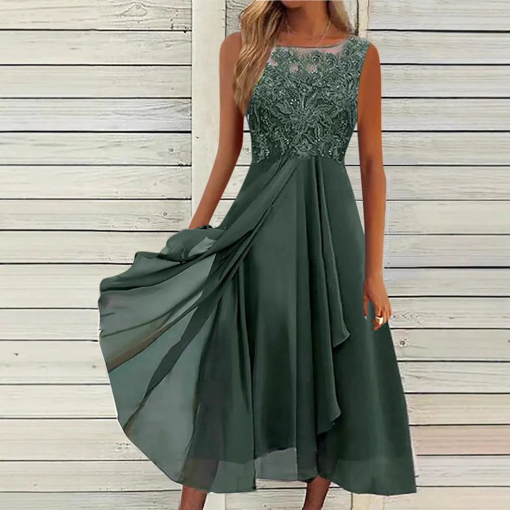 Women's sleeveless midi-length chiffon dress with lace hollow-out stitching in blue.