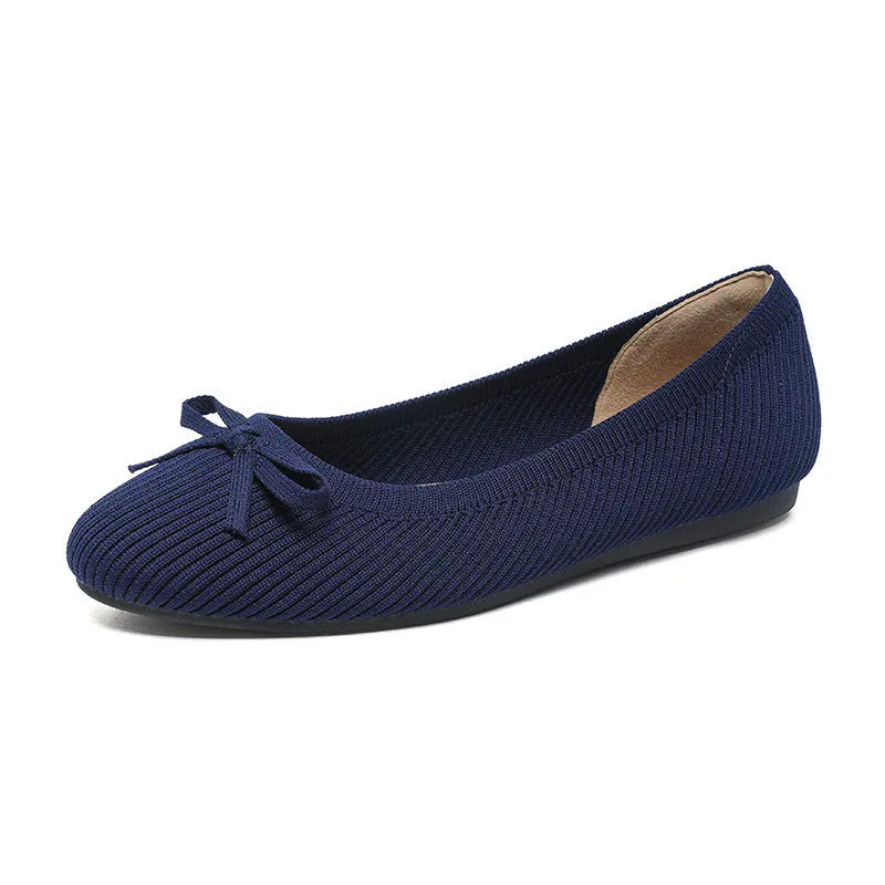 Women's round toe flat pumps with bow detail and butterfly print fabric uppers