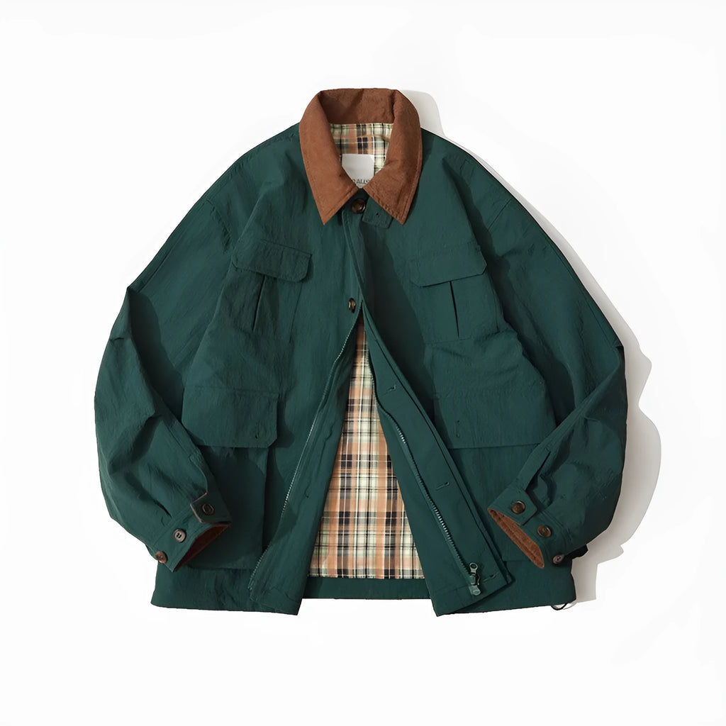 Casual apricot and green polyester jacket with side seam pockets on a hanger.