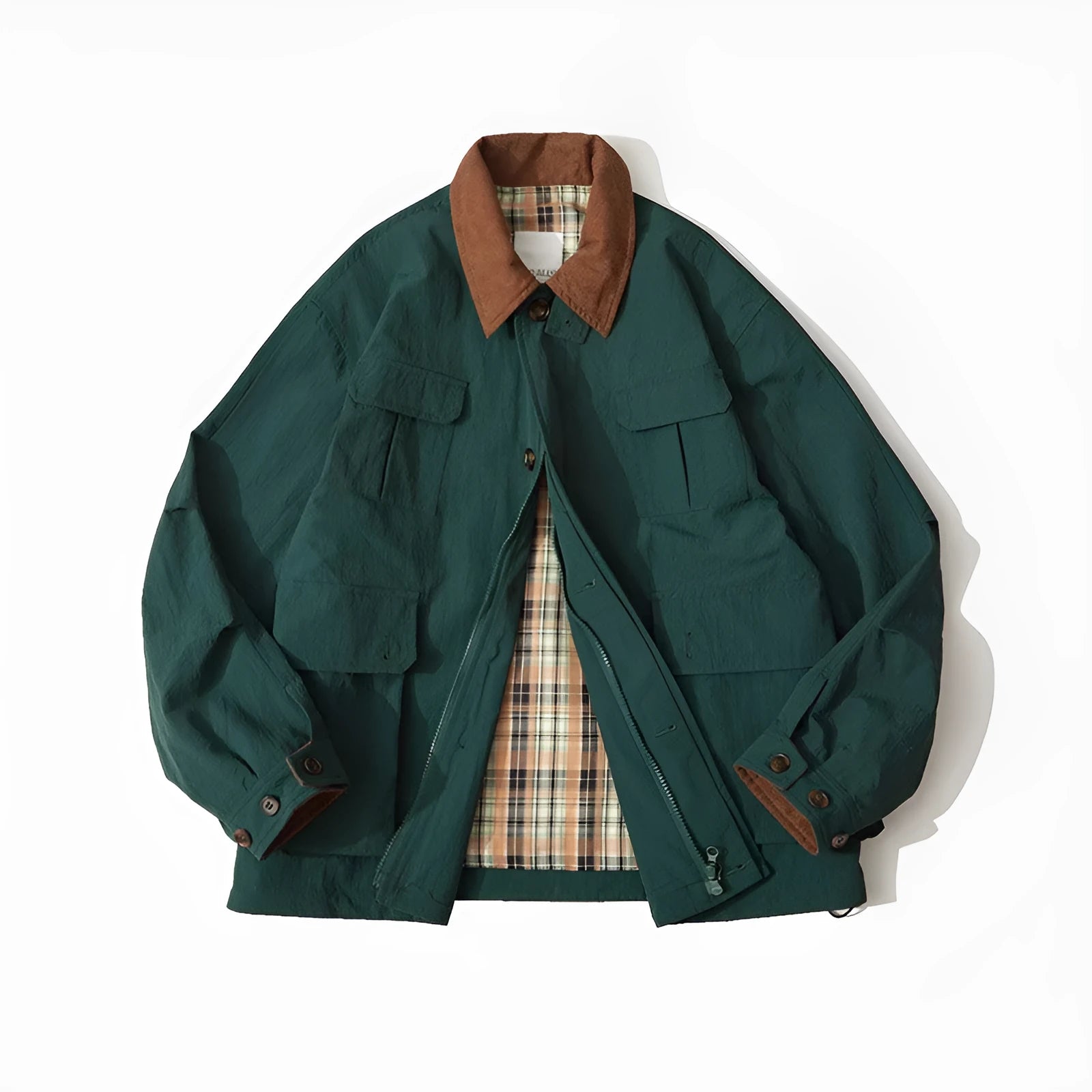 Casual apricot and green polyester jacket with side seam pockets on a hanger.