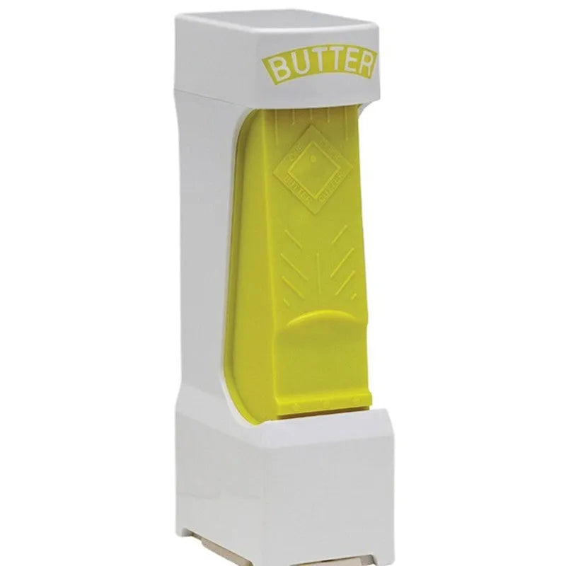Yellow ABS plastic butter cutter with one-button dispenser and stainless steel blade for 4.75-inch bars