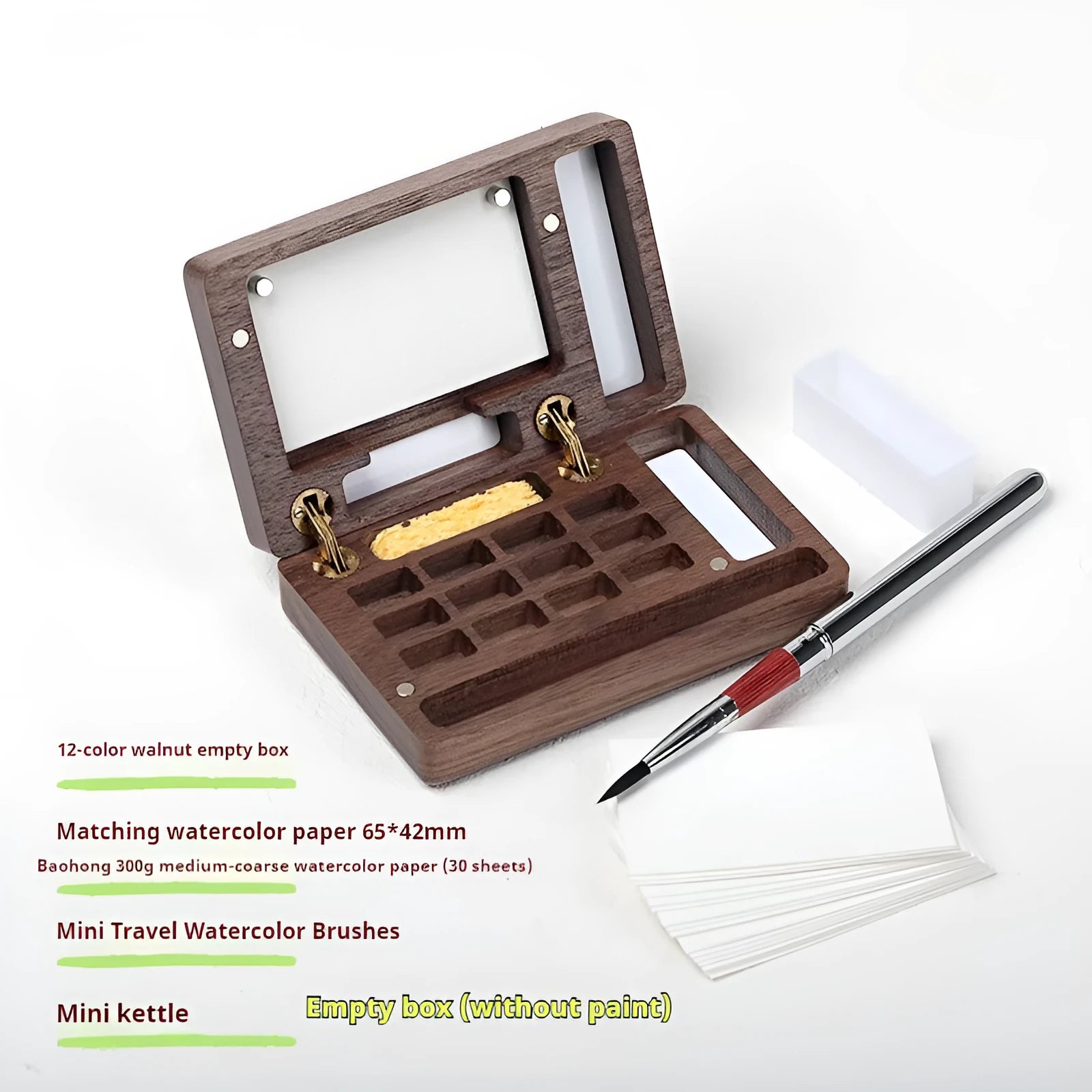 Mini wooden watercolour paint box with walnut finish, open to show pigment suit selection.