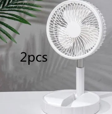 Black portable telescopic folding fan extended to full height showing oscillation function and power bank port