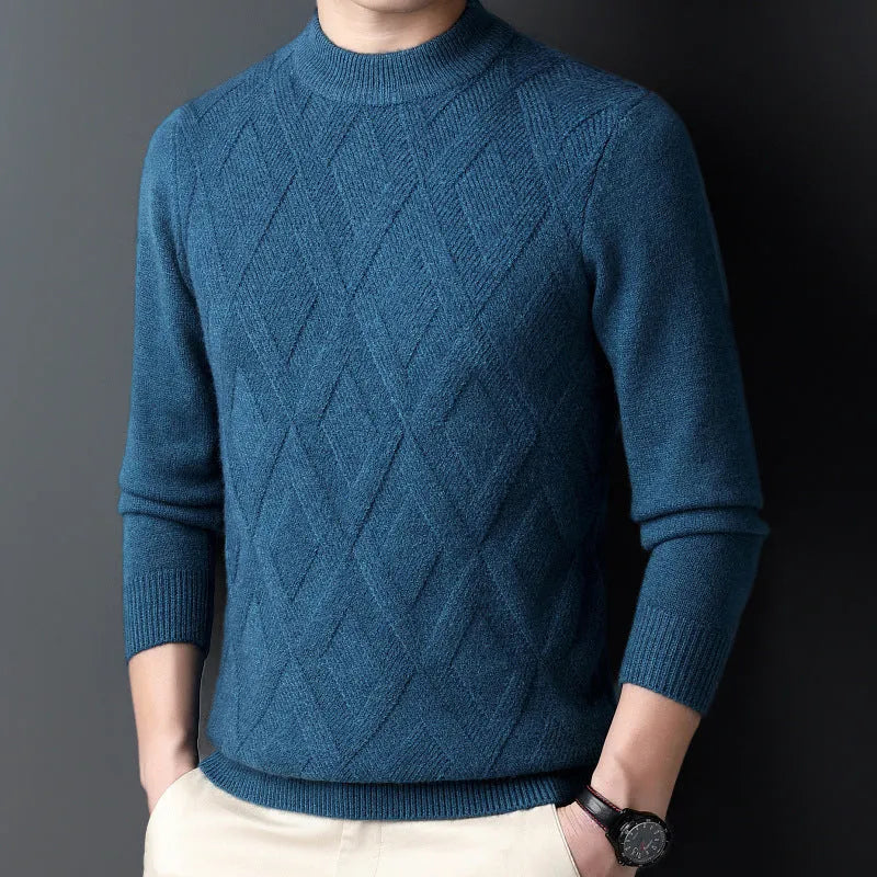 Men's thick diamond jacquard winter sweater in light camel colour, pullover style