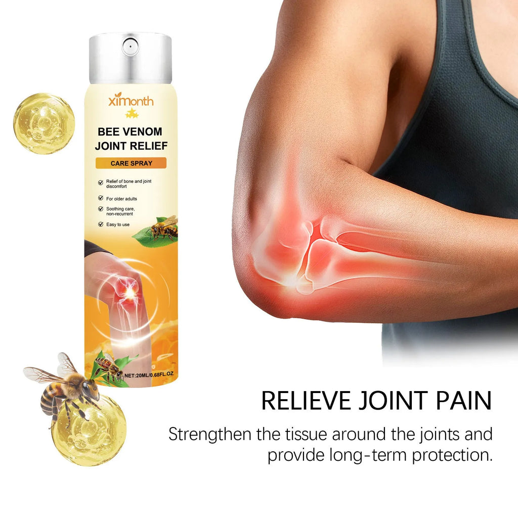 20ml bottle of body care spray with menthol and bee venom for topical application.