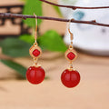 Southern red agate round bead earrings with sterling silver inlaid jasper geometric drop design