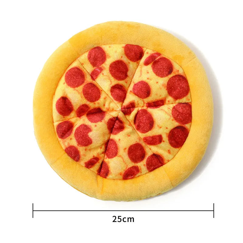 Yellow pizza-themed plush dog toy with squeaker for chewing and interactive play