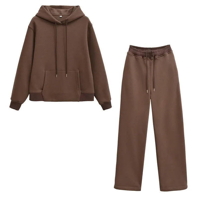 Women's hooded sweater and wide-leg pants set in solid beige colour, polyester blend, front view with hood up