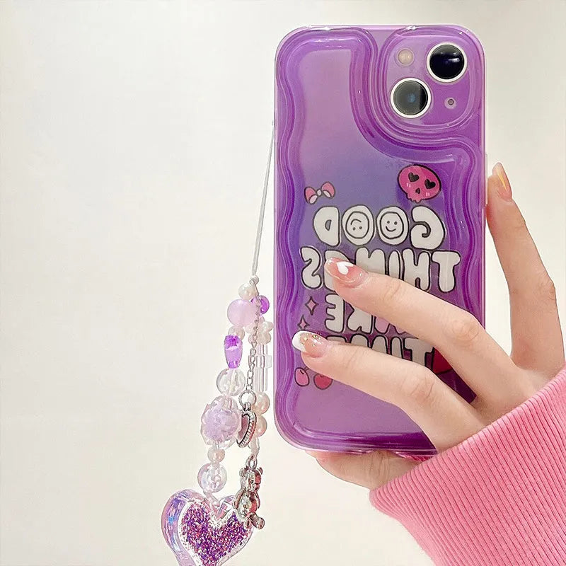 Purple graffiti and love pendant design iPhone case with a metal carrying chain attached.