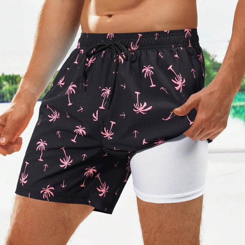 Man wearing loose green boxer-style swimming trunks made from quick-drying spandex fabric.