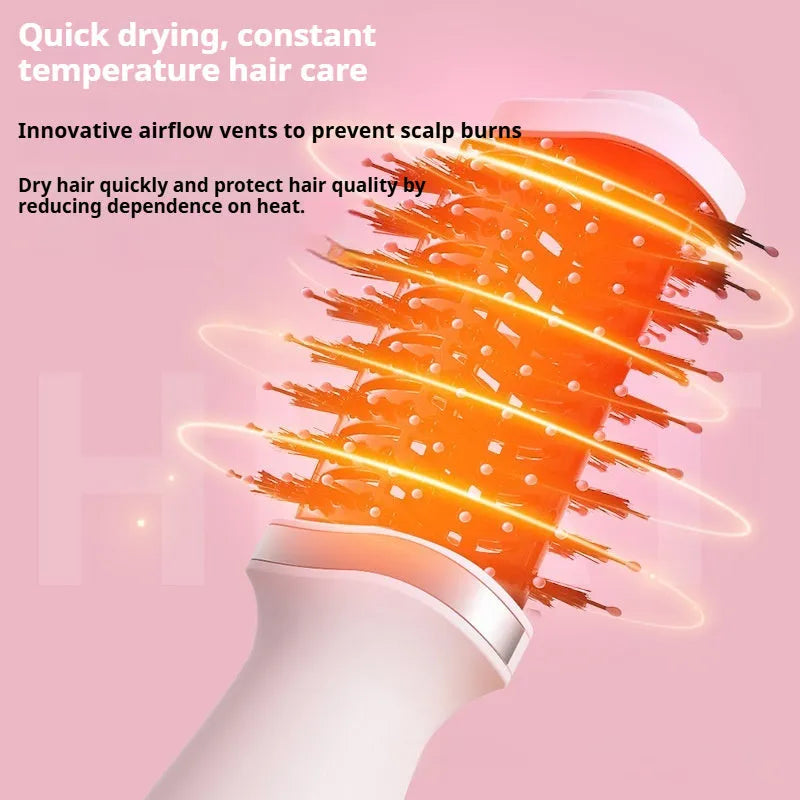 Pink multifunctional hair dryer with styling comb attachment for drying, straightening and curling hair