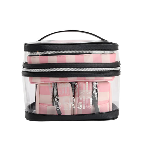 Pink bold stripes floral pattern folding makeup bag with synthetic leather waterproof construction
