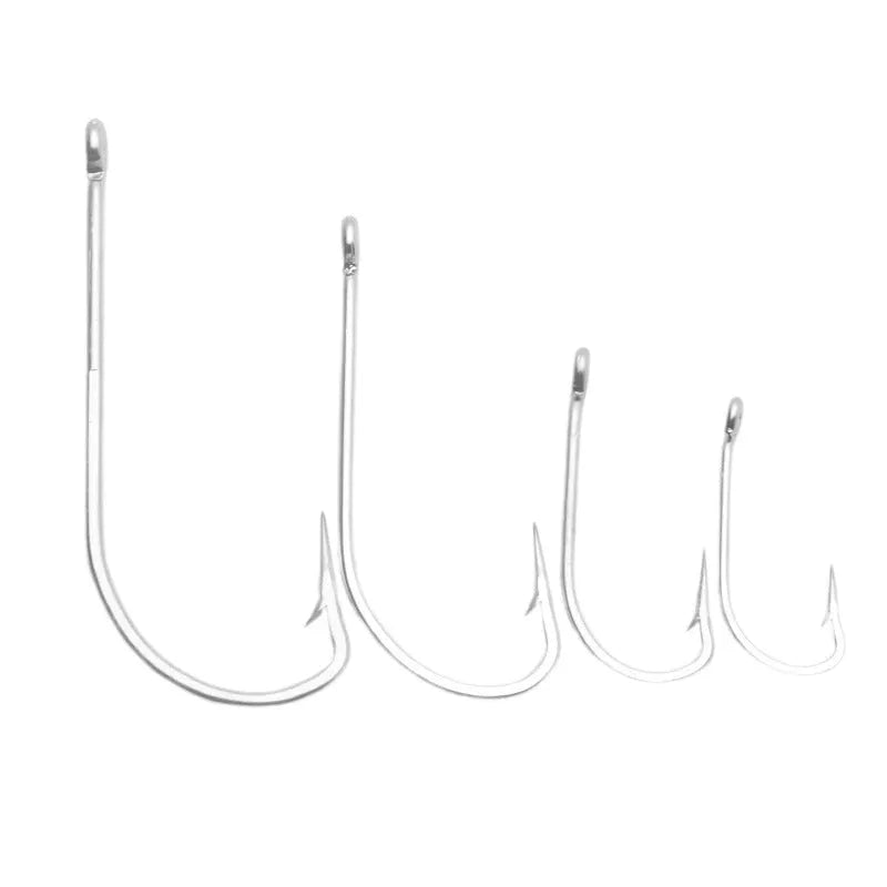 Assortment of multi-style alloy sea fishing hooks for weever and snakehead on a blue background.