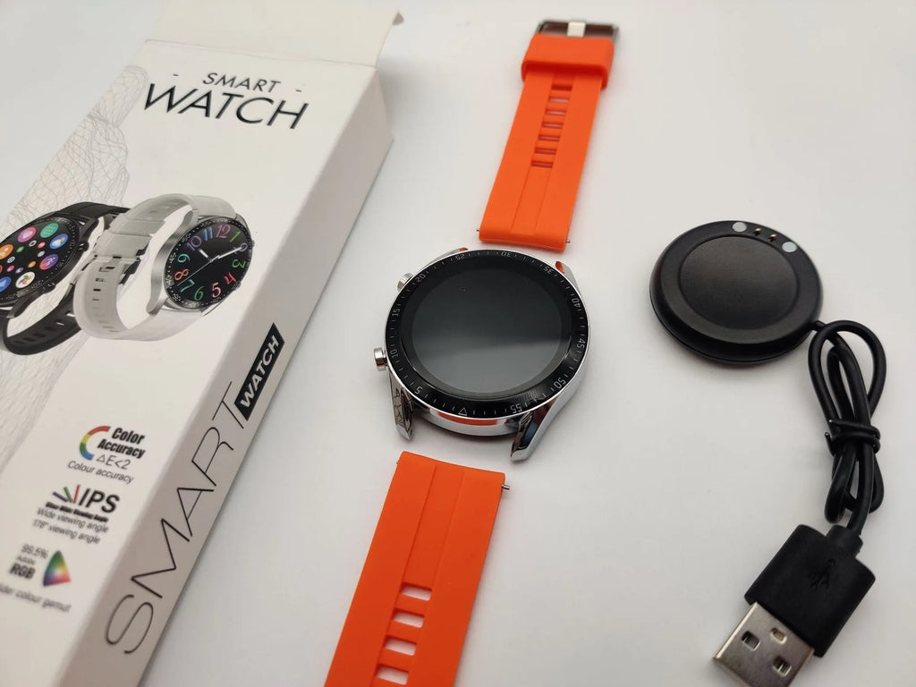 Round smartwatch with aluminium alloy case on wrist, showing touch screen displaying time and heart rate.