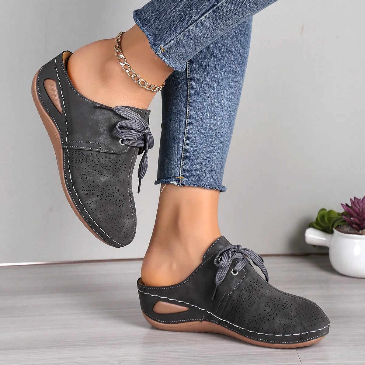 Women's lace-up baotou slippers with hollow out wedges in suede and rubber