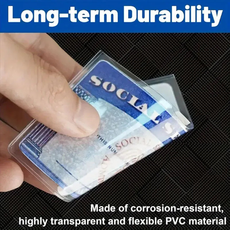 Transparent PVC social security card holder showing 9.7x5.9 cm waterproof ID protector