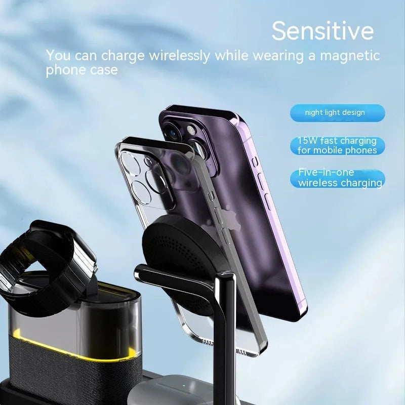 C09 Black three-in-one magnetic night lamp wireless charger with alarm clock on a table