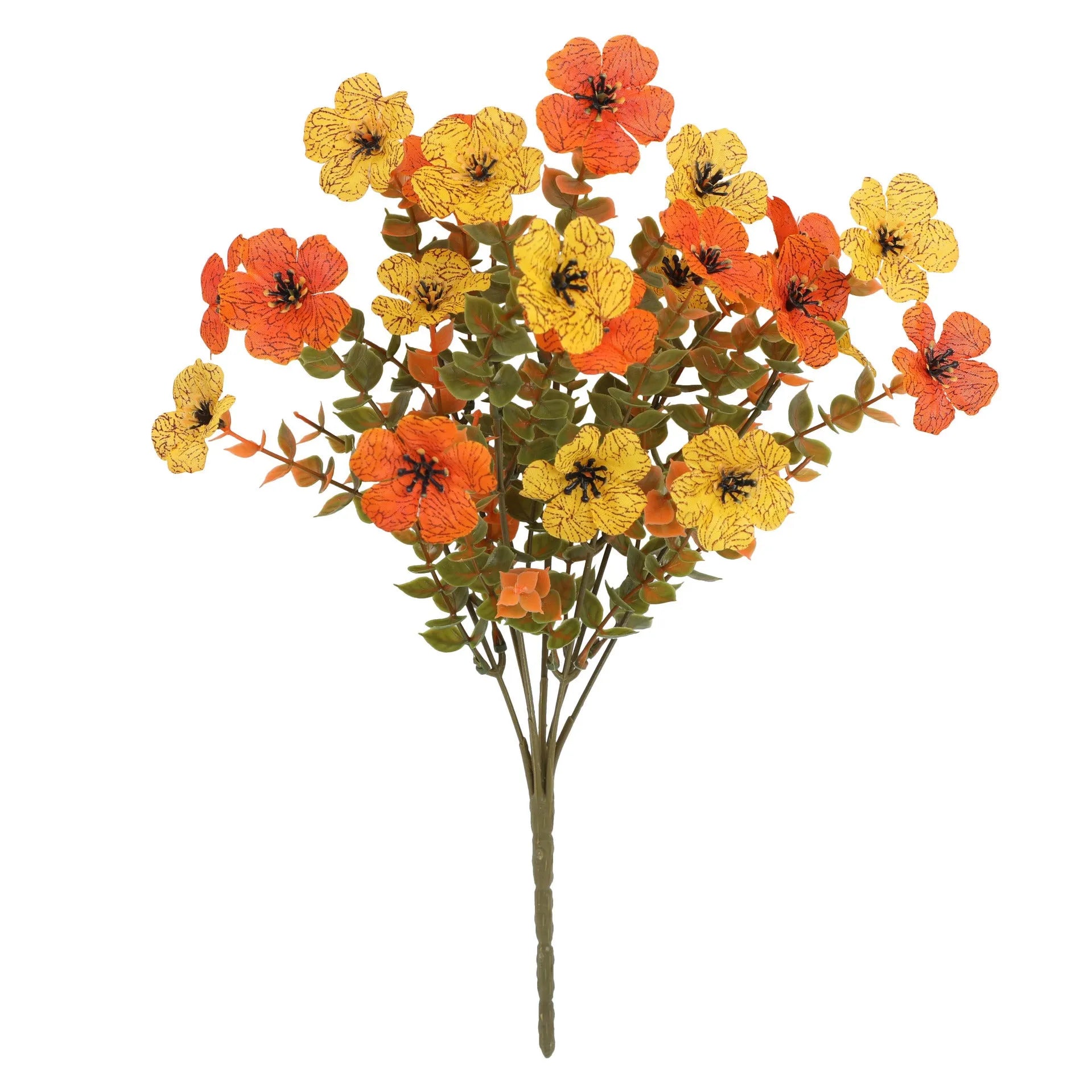 Plastic artificial flower bouquet with silk details in autumn orange, orange yellow, red or yellow for home and wedding decoration