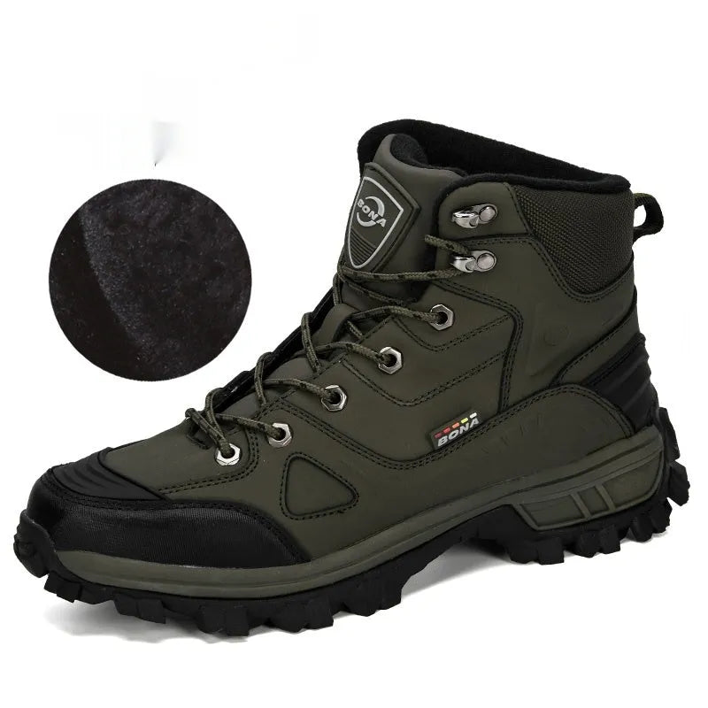 Men's winter thickened high-top snow boots in charcoal gray with fleece lining and lace-up closure