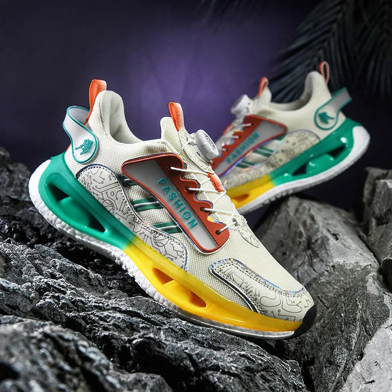 Men's low-top mesh sports shoes in solid colours with an elastic band and popcorn TPU sole.