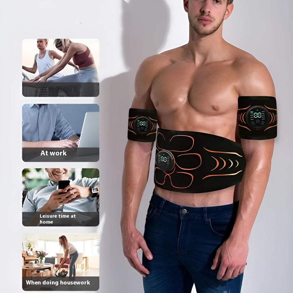 Silicone EMS belly shaping belt with muscle stimulator and hand and foot straps on orange background